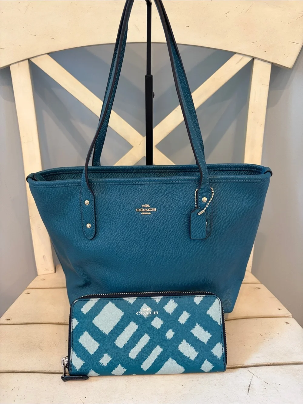 COACH Teal Leather Tote with Teal Patterned Wallet